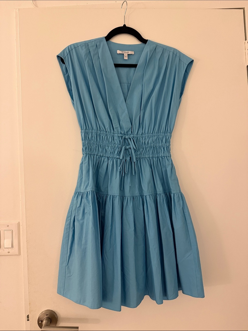 10 Crosby Derek Lam Sky Blue V-Neck Shirred Waist Mini Dress